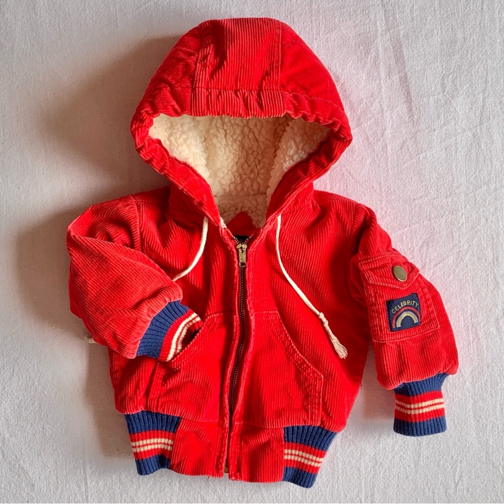 Vintage Red Corduroy Hooded Kids Jacket with Navy Trim